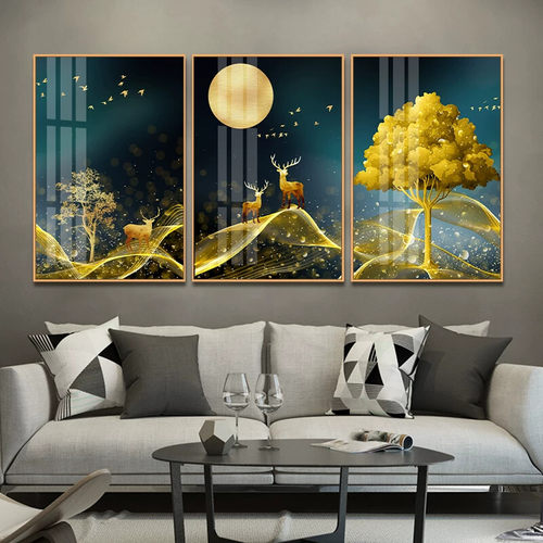 北欧风格客厅装饰画现代简约墙画沙发背景墙壁画麋鹿挂画三联画