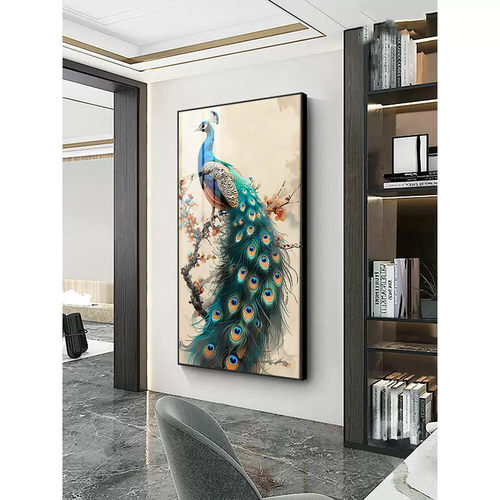 玄关装饰画竖版走廊过道挂画中国风入户客厅正对门墙画孔雀壁画
