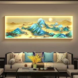 千里江山图客厅装饰画新中式山水茶室带灯挂画沙发背景墙发光壁画