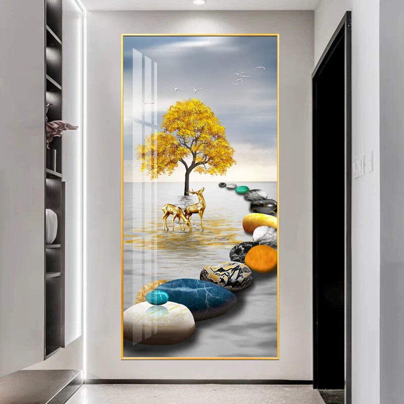晶瓷画玄关装饰画现代客厅入户走廊挂画石来运转竖版高端大气壁画