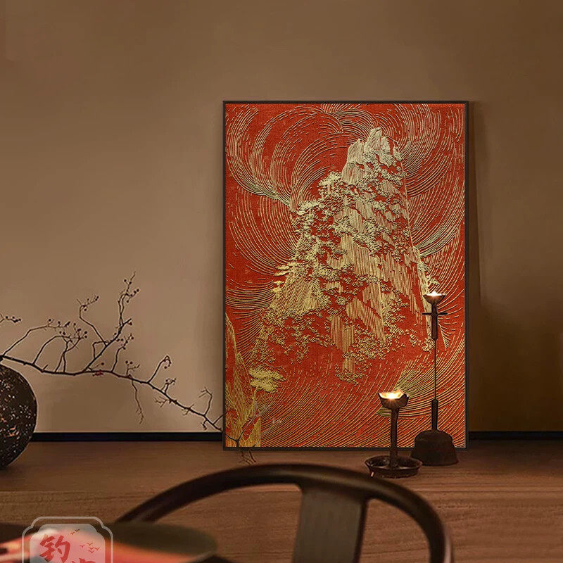 新中式靠山峰浮雕餐厅装饰画红色玄关过道挂画立体客厅背景墙壁画