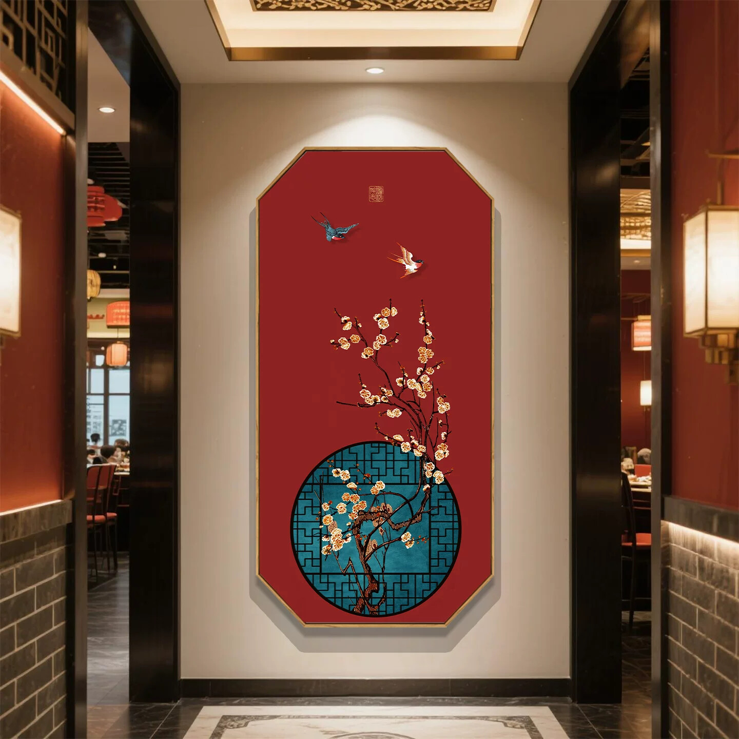 玄关装饰画中国风客厅荷花背景墙壁画中式红色墙面入户正对门挂画
