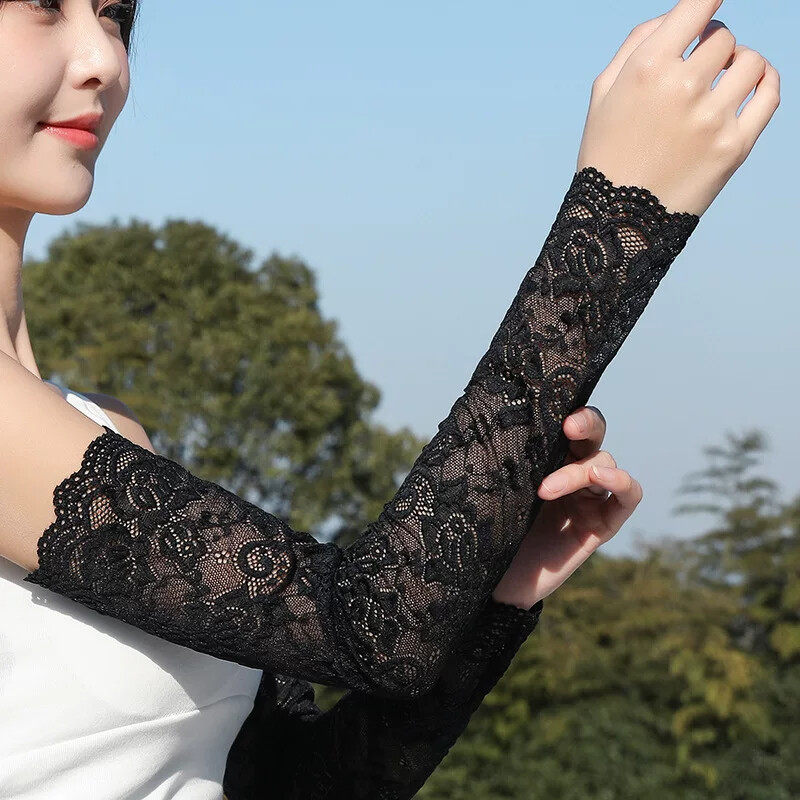 女士假袖子蕾丝防晒袖套手袖护胳膊手臂套冰袖女款黑色长袖夏天季