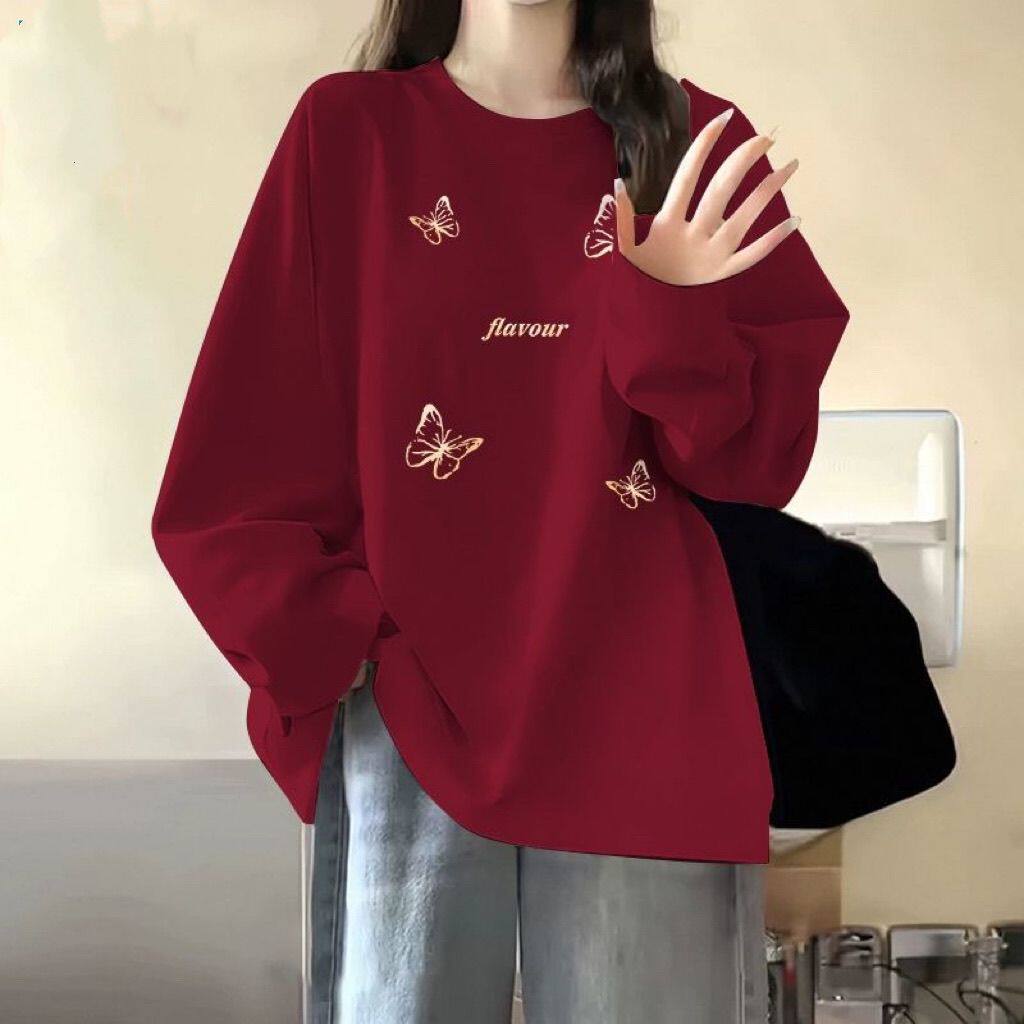 纯棉长袖上衣女t恤运动休闲春秋薄款圆领上衣宽松百搭学生打底衫