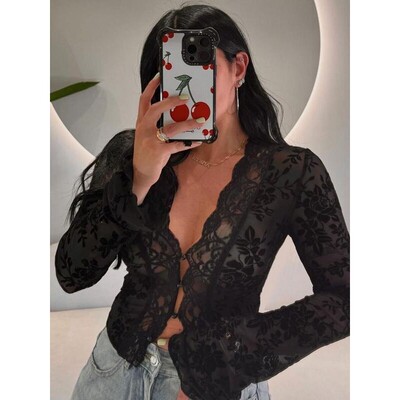 Womens Floral Pattern Sheer Mesh Crop Top Casual Scallop