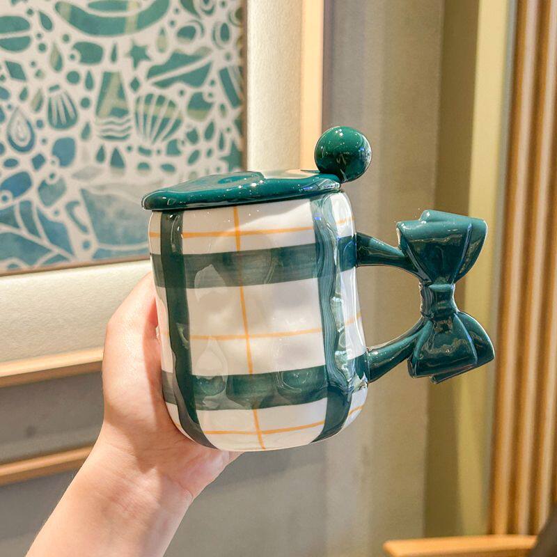 少女心蝴蝶结马克杯可爱高颜值陶瓷水杯带盖勺情侣家用咖啡早餐杯