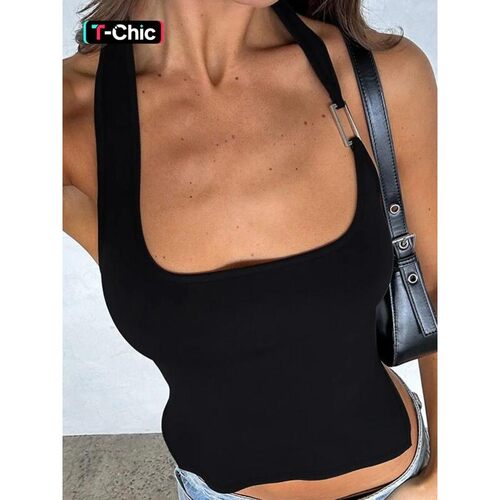 Womens Plain Ring Linked Backless Halter Neck Crop Tank Top
