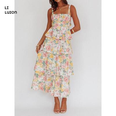Women Summer Boho Backless Floral Maxi Dress Spaghetti Strap