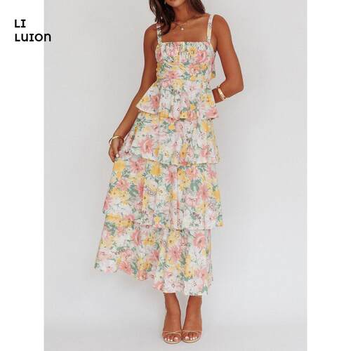 Women Summer Boho Backless Floral Maxi Dress Spaghetti Strap