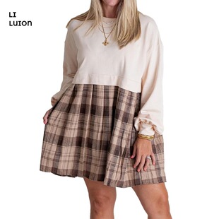 Women Fall Short Tshirt Dress Long Sleeve Round Neck Plaid