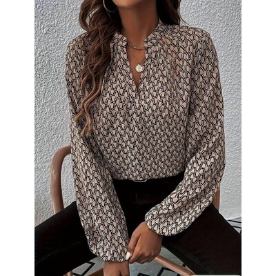 Womens All Over Print Bishop Sleeve Notched Blouse Shirts