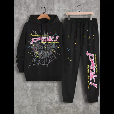 2k American Casual Hooded Sweatpants Set Spider Web Letter