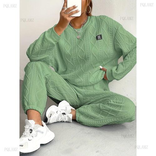 2025Womens Cozy Textured Pants Set Soft Long Sleeve Crew