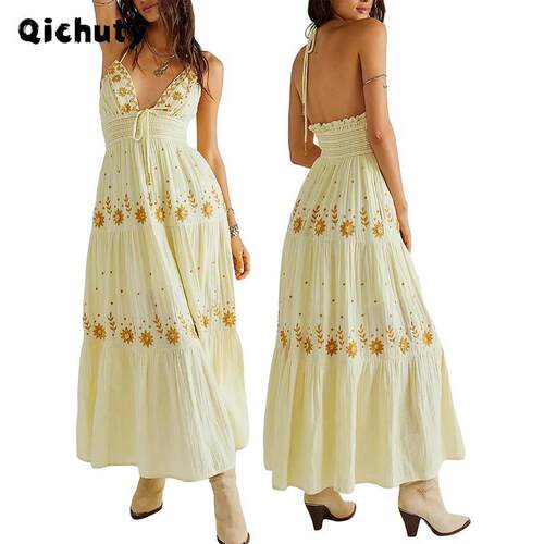 Boho Flowy Maxi Dress for Women Spaghetti Strap Open Back
