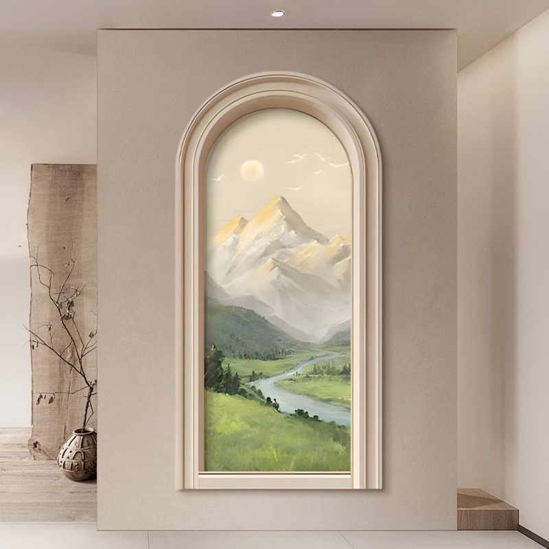 拱门山水入户树叶玄关装饰画带灯走廊尽头客厅挂画金山绿色门厅壁