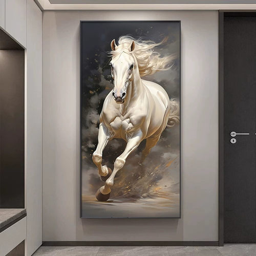 马到成功入户玄关装饰画骏马图客厅壁画现代轻奢走廊过道尽头挂画