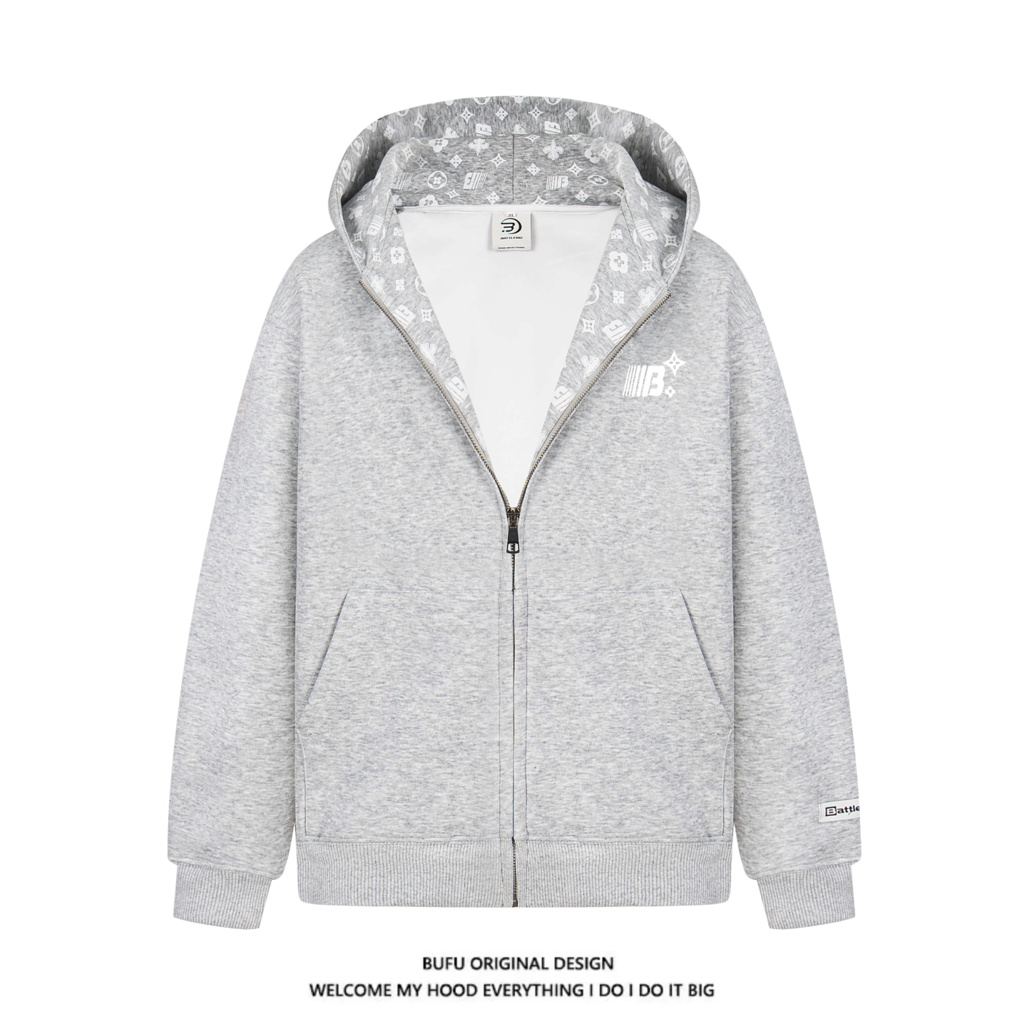 BUFU美式印花开衫连帽卫衣外套男女春秋季潮牌情侣款拉链上衣宽松