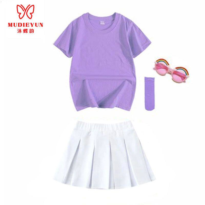 儿童糖果色短袖短裙亲子套装幼儿园表演班服小学生运动会彩色班服