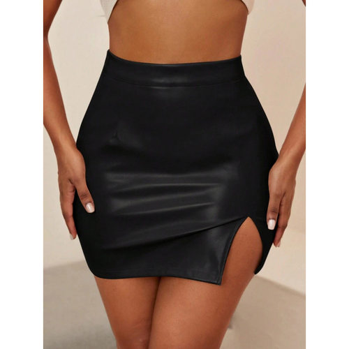 F 61985 High waist slit PU leather skirt 高腰开叉 PU 皮半裙