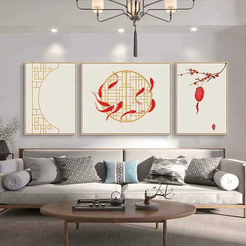 荷花新中式客厅装饰画三联组合沙发背景墙挂画中国风书房茶室壁画