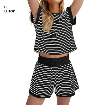Womens Casual 2 Piece Outfits Short Sleeve Stripes Print