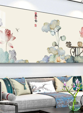 2024新款客厅装饰画荷花国画新中式高级感壁画横版沙发背景墙挂画