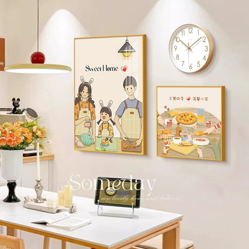 餐厅装饰画带钟表饭厅餐桌时钟组合挂画现代简约温馨一家壁画新款