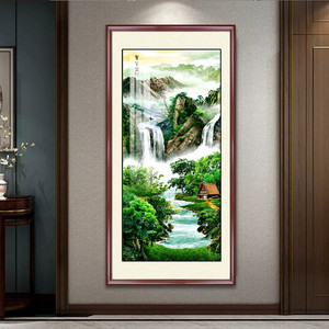 玄关山水画竖版流水生财聚宝盆2025新款中式装饰客厅入户过道挂画