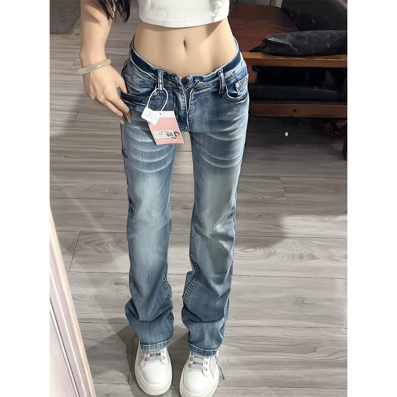 美式高街毛须低腰微喇牛仔裤女春秋新款设计感辣妹弹力窄版直筒裤