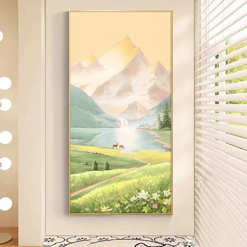 正对门入户进门玄关装饰画竖版挂画油画风高级感大气山水日照金山