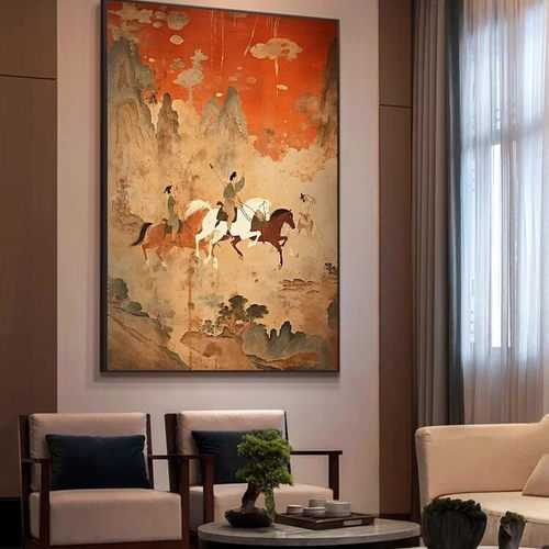 新中式红色骑马山水工艺画玄关客厅装饰画背景墙壁画宋代美学挂画