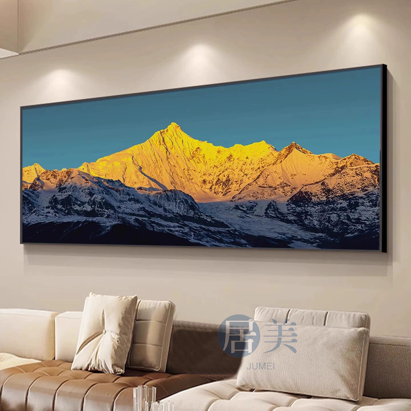 日照金山客厅装饰画沙发横幅壁画办公室梅里雪山风景背有靠山挂画
