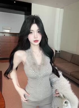 韩版纯欲辣妹毛领手工钻挂脖露背针织衫吊带背心女修身时尚打底衫