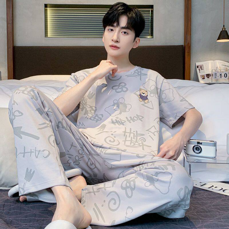 南极人男士睡衣休闲夏季天纯棉短袖长裤大码青少年家居服外穿套装