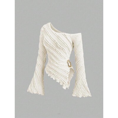Womens Asymmetrical OneShoulder Slim Fit Flare Sleeve Top