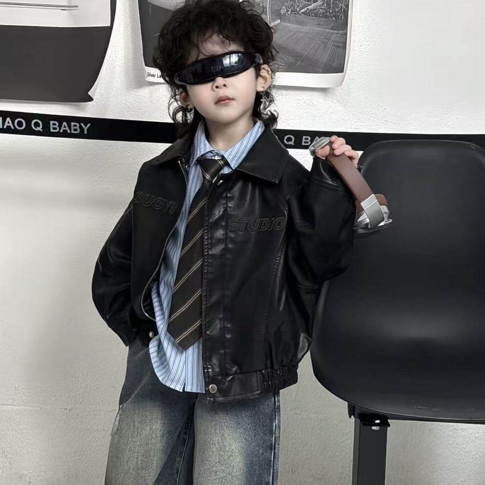 男童2025春秋装新品韩版PU皮衣儿童夹克复古机车宽松上衣外套