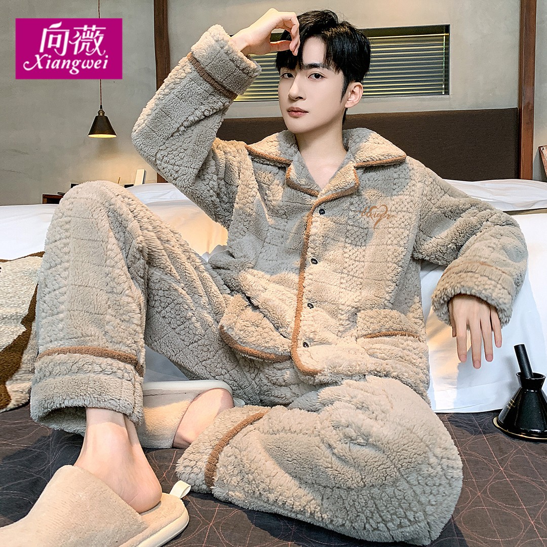 可外穿法兰绒秋冬加厚加绒新款珊瑚绒家居服睡衣男宽松加大码套装