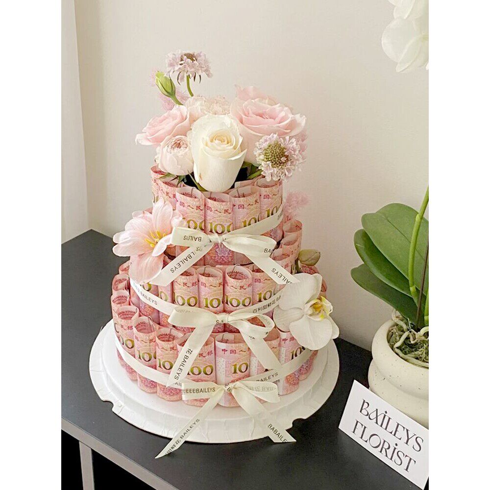 钱蛋糕diy材料情人节蛋糕花圆形花泥有钱花DIY材料花束生日礼品盒