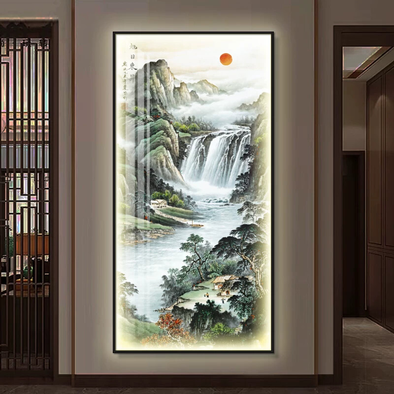 晶瓷画玄关装饰画带LED灯新中式入户走廊过道挂画旭日东升壁画