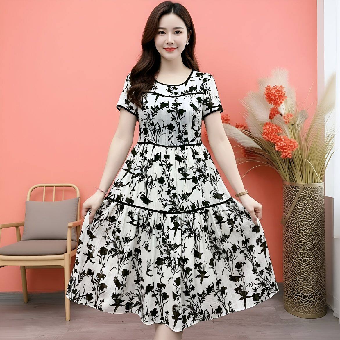 碎花雪纺连衣裙女夏季新款宽松遮肚子时尚洋气减龄爆款拼接中长裙