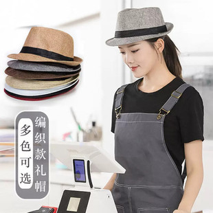 礼帽黑色米色卷边编织英伦时尚餐饮咖啡面包店员服务员工作帽子