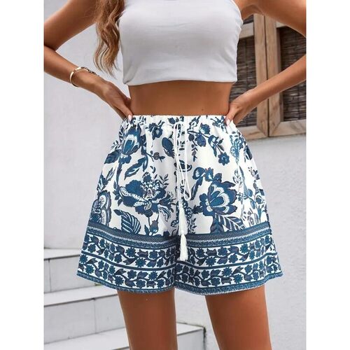Womens Ethnic Pattern Tie Front Shorts Boho Casual Shorts