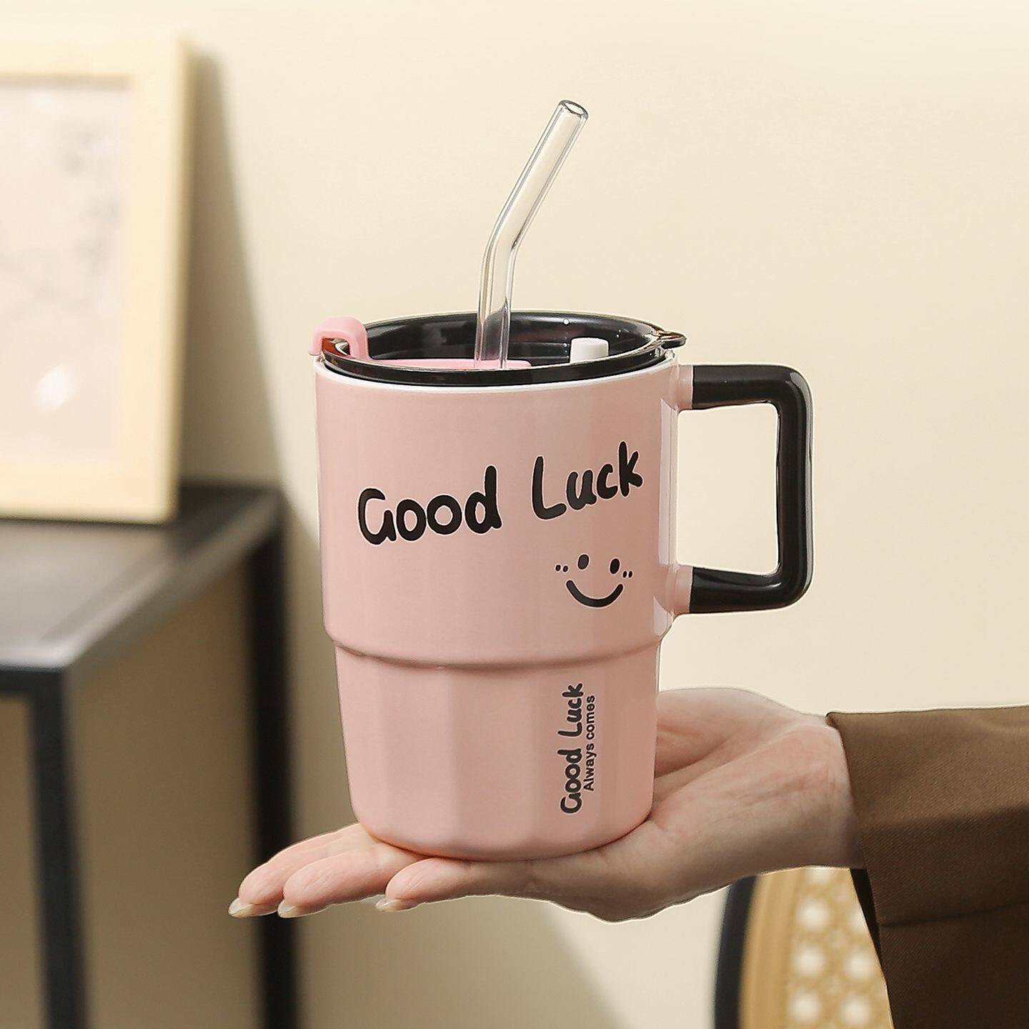 潮酷黑粉吸管杯陶瓷马克杯带盖家用喝水杯生日礼物杯子伴手礼男女