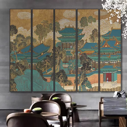 古典楼阁国画新中式酒店大堂墙面装饰客厅背景墙壁画餐厅茶室挂画