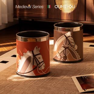 2026中古风皮革垃圾桶家用客厅卧室新款 客厅大容量纸篓高档高颜值