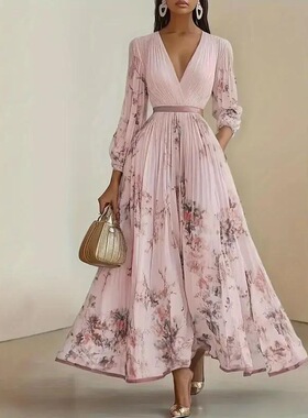 Elegant Olive Green VNeck ALine Formal Maxi Dress with