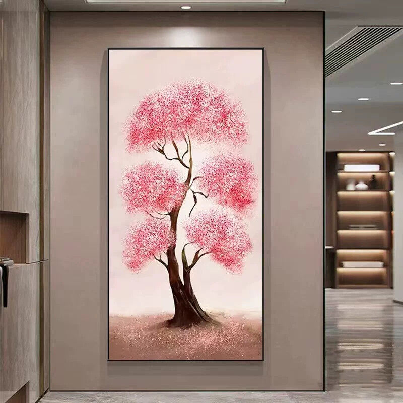 玄关艺术挂画发财树走廊尽头装饰画大芬村油画粉色竖版楼梯间壁画