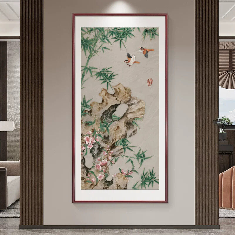 新中式玄关装饰画花鸟竹子画走廊过道壁画竖版客厅沙发背景墙挂画