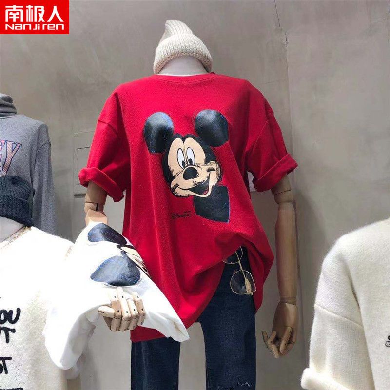南极人磨毛加厚德绒短袖t恤女米奇中长款宽松韩版新款动漫上衣