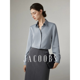 娅可家面料升级3.0 女春秋垂感通勤职业衬衣 灰蓝色暗门襟缎面衬衫